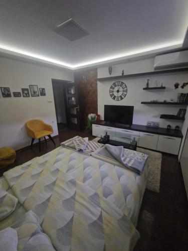 een slaapkamer met een groot bed en een klok aan de muur bij Leon in Gornji Milanovac