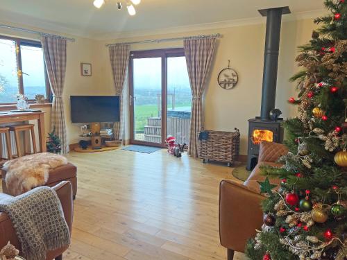 un soggiorno con un albero di Natale e un camino di Trelaw - Uk41532 a Ochiltree