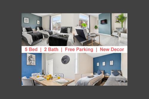 a collage of a living room with blue walls at Modern 5 Bed 2 Bath House w Free Parking in Bury