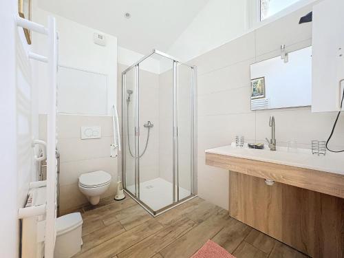 a bathroom with a shower and a toilet and a sink at Le Baco, gîte à la ferme in Coublevie