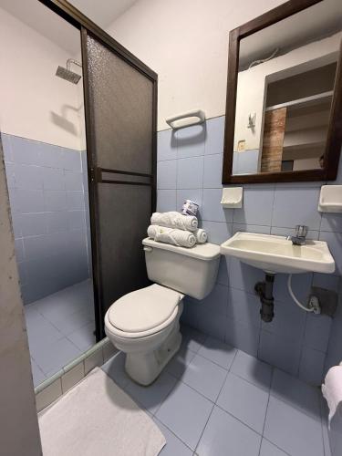 a blue and white bathroom with a toilet and a sink at Ayenda Marana in Manizales