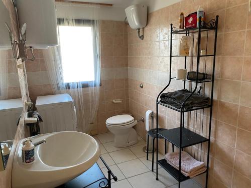 een badkamer met een wastafel, een toilet en een plank bij Casa Scirocco IUN Q2421 in Pula