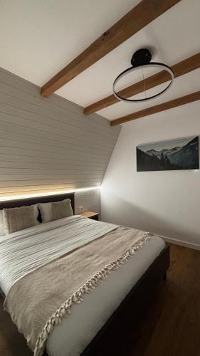 a bedroom with a large bed with a ceiling at Air Cabin A2, A-frame Șerani, Bihor in Şerani