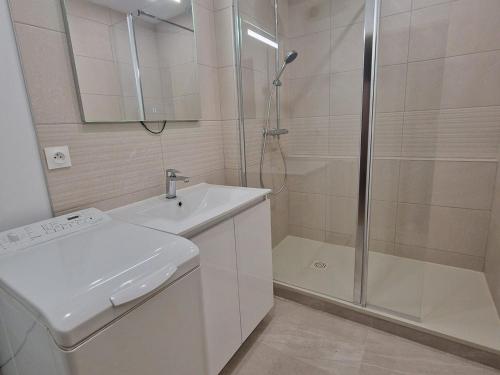 a white bathroom with a shower and a sink at Spacieux logement calme avec jardin privé - Parking inclus, animaux acceptés - FR-1-432-8 in Annecy
