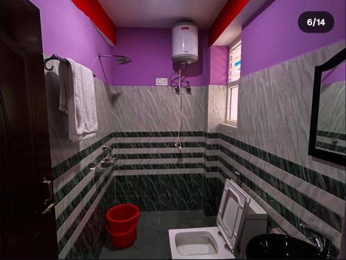 a purple bathroom with a toilet and a sink at Tashidelk homestay in Darjeeling