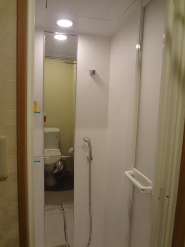 a bathroom with a shower with a toilet and a mirror at Mokkoan in Tokyo