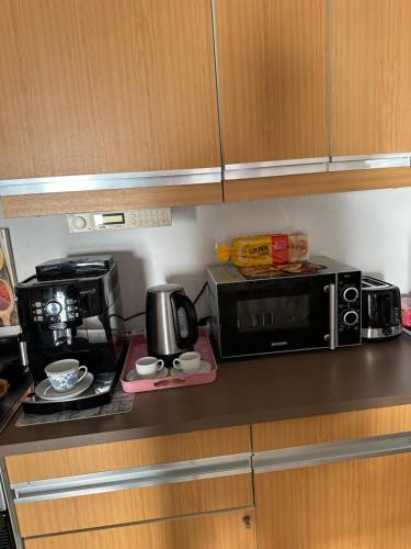 een aanrecht met een magnetron en een koffiezetapparaat bij MemmingenBuxheimKartause in Buxheim