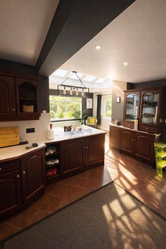 a large kitchen with a sink and a window at Glandwr hall - 6 Bed - Magnificent Country House with Heated Swimming Pool & Jacuzzi in Barmouth