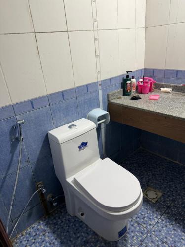 Camera con piastrelle blu e bagno con servizi igienici bianchi. di Cozy Room Rashdiya 1 Ajman ad Ajman