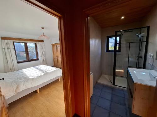 a bathroom with a bed and a shower and a sink at L'Echappée Belle in Beauraing