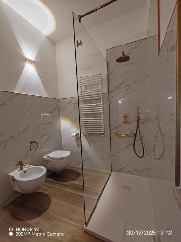 a bathroom with a shower and a toilet and a sink at Rooms 2,6 in Terlizzi