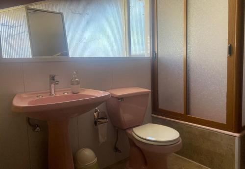 ein Badezimmer mit Waschbecken, Toilette und Spiegel in der Unterkunft Raíces de Gamboa in Castro