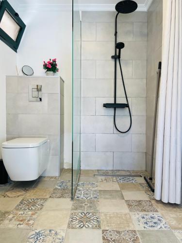a bathroom with a shower with a toilet and a shower curtain at Sunny Escape - Ponta do Sol - Vila Silva Downstairs in Ponta do Sol