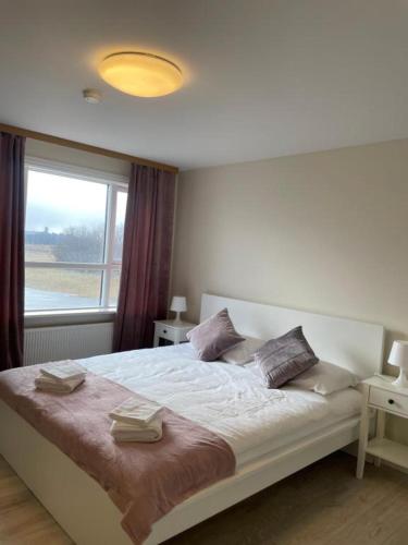 a bedroom with a large bed with a window at IQ apartments 3 in Ytri-Njarðvík
