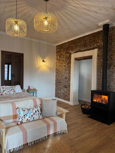 a bedroom with a bed and a fireplace and a tv at Aprosmeno House 7 in Agros