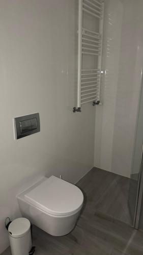 a white bathroom with a toilet and a shower at Casa Douro in Valbom