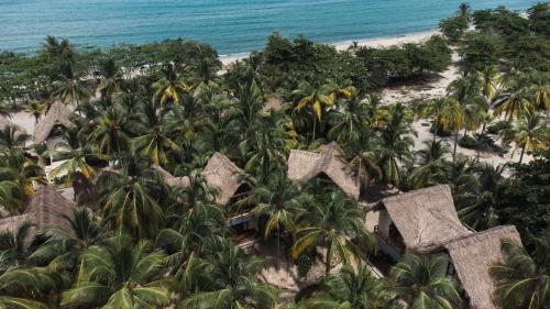 una vista aerea di un resort con palme e spiaggia di Tay Beach Hotel Tayrona a Buritaca