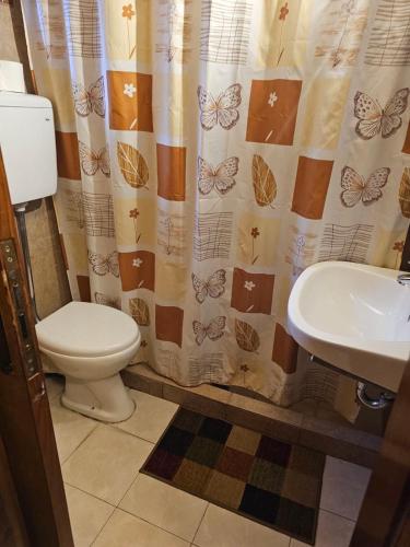 e bagno con servizi igienici e tenda doccia con farfalle. di Zachlorou a Kalavrita