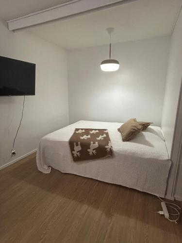 a bedroom with a bed and a flat screen tv at Lomayksiö Vääksy 34m2 in Vääksy