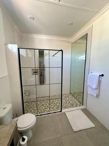 a bathroom with a toilet and a glass shower at White House Cottage in Koekoeb
