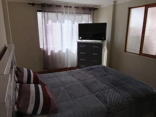ein Schlafzimmer mit Bett und Flachbildfernseher in der Unterkunft Central Stay Departamentos III in Oruro