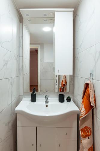 a bathroom with a white sink and a mirror at Abi-Lo Vendégház Nagypeterd in Nagypeterd