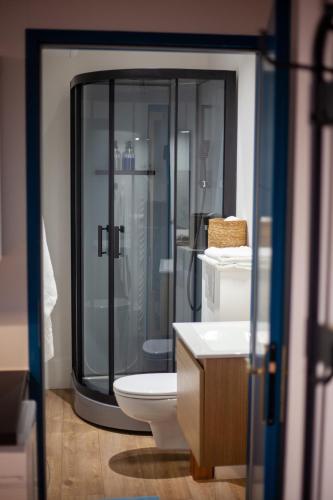 a bathroom with a toilet and a glass shower at Au coeur de la Roche in La Roche-sur-Yon