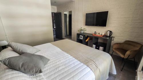 a bedroom with a bed and a desk and a television at Trento Hotel Boutique in San Salvador de Jujuy