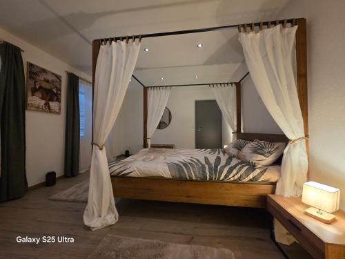 a bedroom with a canopy bed with a mirror at Appartement de Charme in Bévilard
