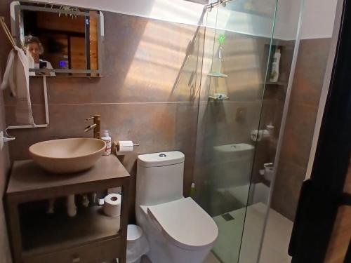 a bathroom with a toilet and a sink and a shower at Cabaña Martina con Jacuzzi in Marinilla