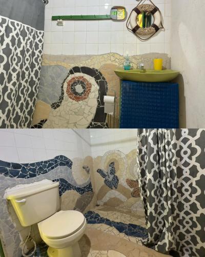 two pictures of a bathroom with a toilet and a sink at Casa Mamré in Cahuita