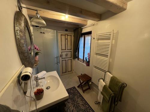 a bathroom with a sink and a mirror at Casale Sol Armonie in Codroipo