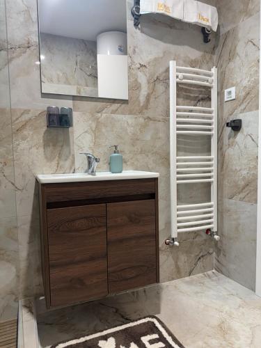 een badkamer met een wastafel en een spiegel bij Stan na dan Bor Apartman in Bor