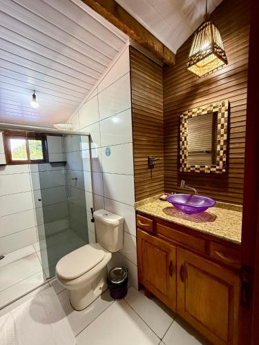 a bathroom with a purple sink and a toilet at Cantinho da Cineka in Caraíva