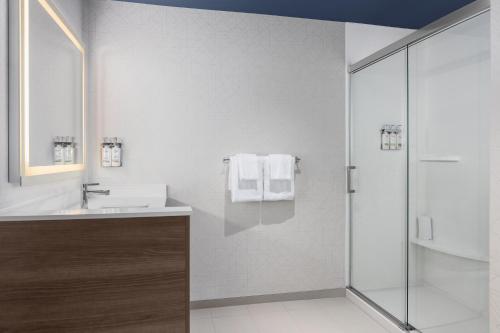 a bathroom with a shower and a sink at Holiday Inn Express Montreal Airport - St-Laurent by IHG in Montréal
