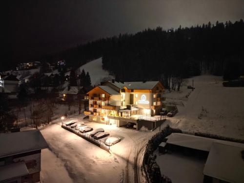 ein großes Haus im Schnee in der Nacht in der Unterkunft Bella Monte in Szczyrk