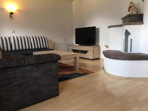 a living room with a couch and a television at Hotel & Appartements Alpenresidenz Viktoria in Neustift im Stubaital