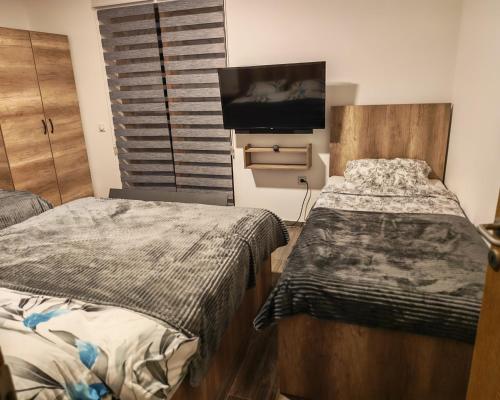 een slaapkamer met twee bedden en een flatscreen-tv bij Suncani breg in Crni Vrh