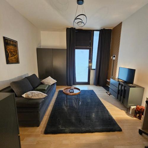 a living room with a couch and a table at Sweet Apartment Düsseldorf City B27 in Düsseldorf