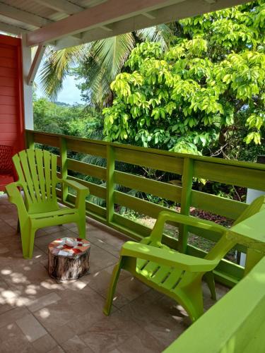 大博格Résidence rose Cannelle的两把绿色椅子摆放在门廊上，旁边有一个树桩