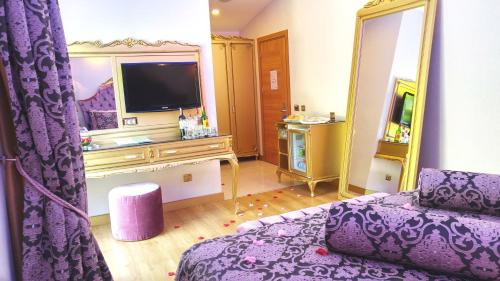 オルデニズにあるSundia By Liberty Oludenizのリビングルーム(紫色のソファ、テレビ付)