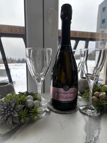 eine Flasche Wein mit zwei Gläsern auf einem Tisch in der Unterkunft Apartman JOY in Jahorina