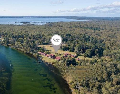 an aerial view of a hot air balloon over a river at Christian's Minde Jervis bay in Jervis Bay Village