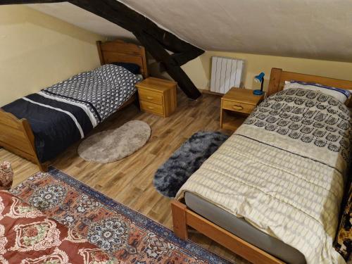 een slaapkamer met twee bedden en houten vloeren bij Carthage in Vierzon
