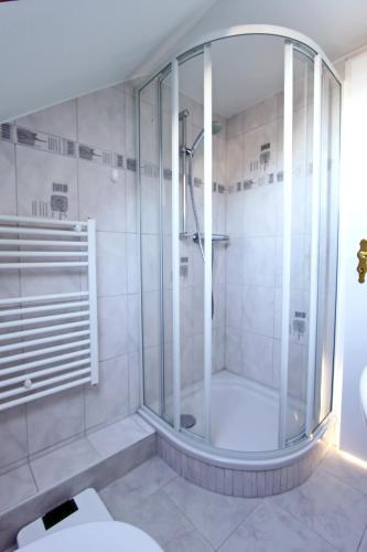 a bathroom with a shower and a toilet at Lachmöwe in Hörnum