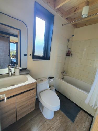 a bathroom with a toilet and a sink and a tub at Casa Esquila de Chiloé in Chonchi