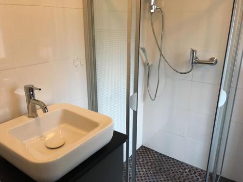 een badkamer met een wastafel en een douche bij Cabin in Meiserich with swimming pool in Meiserich