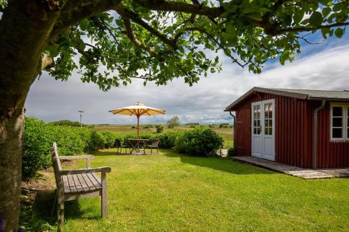 a red shed with a table and an umbrella at Mawe Huus in Oldsum