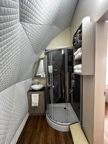 ein Badezimmer mit Dusche und Waschbecken in der Unterkunft La cabaña de Ciela G glamping con jacuzzi y croquet in Latacunga