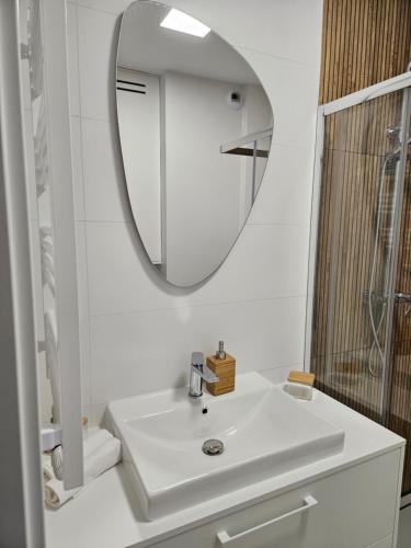 un bagno con un lavandino bianco e uno specchio di Apartament Dobra Nocka 2 a Przeworsk